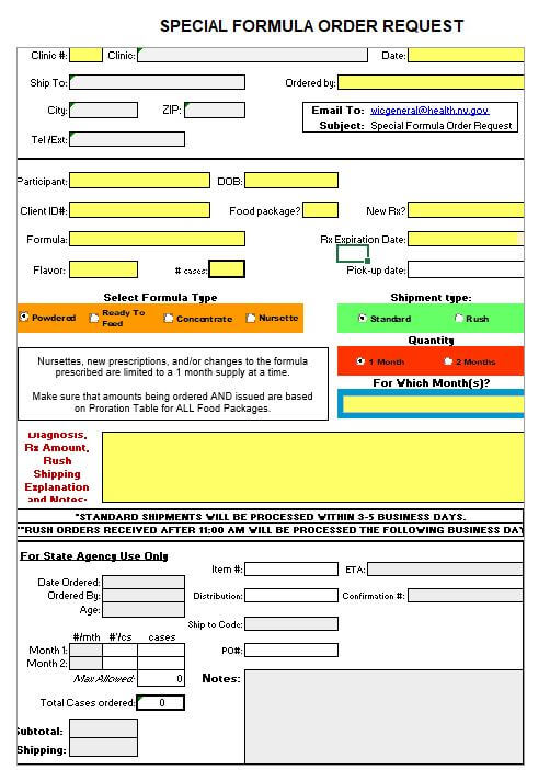 FD P Special Formula Order Form Nevada WIC